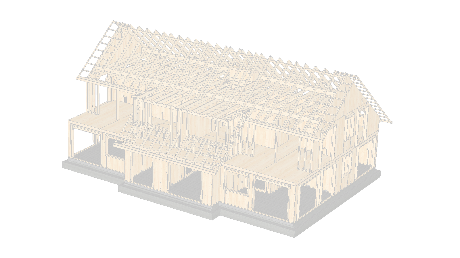 3D-Modell eines zweigeschossigen Gebäudes aus CLT-Elementen mit Dachstuhl